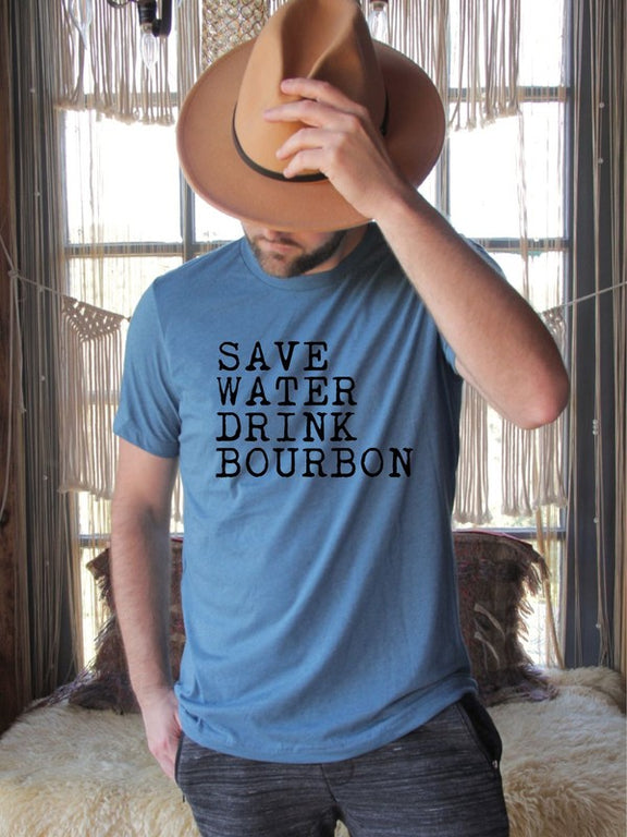 Save Water Drink Bourbon Crew Neck Mens T-shirt Mens Short Sleeve Shirt Heather Deep Teal L 