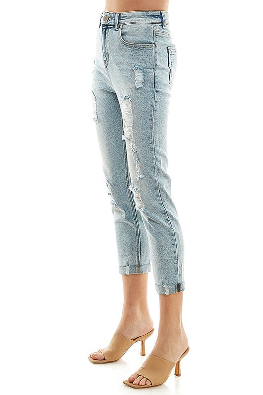 Destructed Cuffed Boyfriend Jean Cropped Jeans   