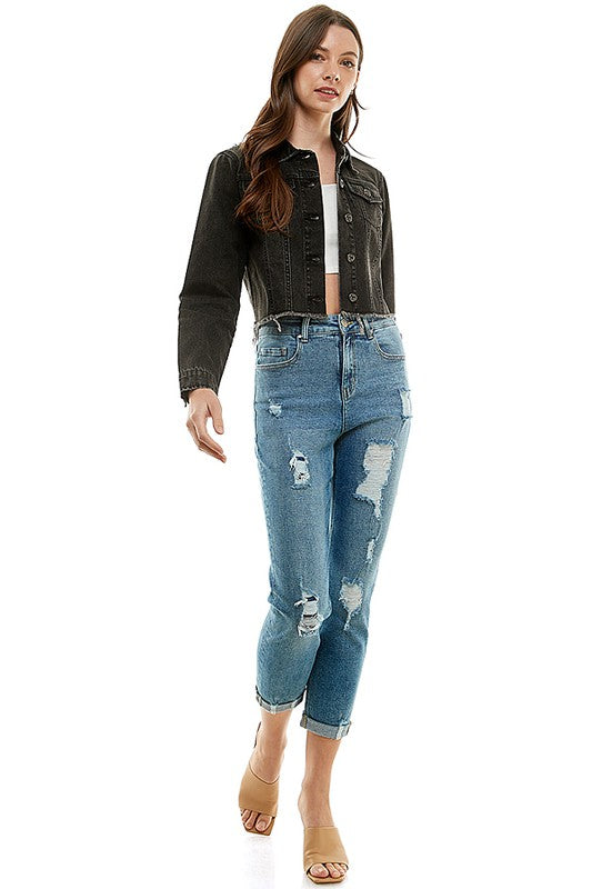 Destructed Cuffed Boyfriend Jean Cropped Jeans   