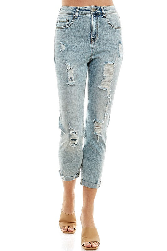 Destructed Cuffed Boyfriend Jean Cropped Jeans   