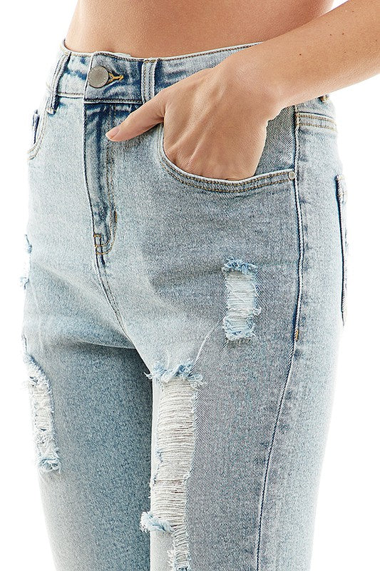 Destructed Cuffed Boyfriend Jean Cropped Jeans   