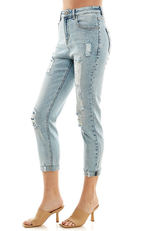 Destructed Cuffed Boyfriend Jean Cropped Jeans   