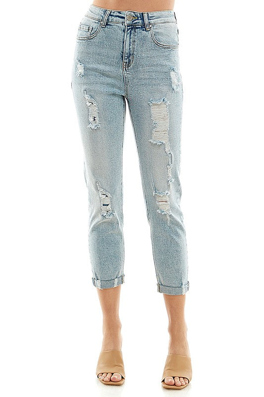 Destructed Cuffed Boyfriend Jean Cropped Jeans   