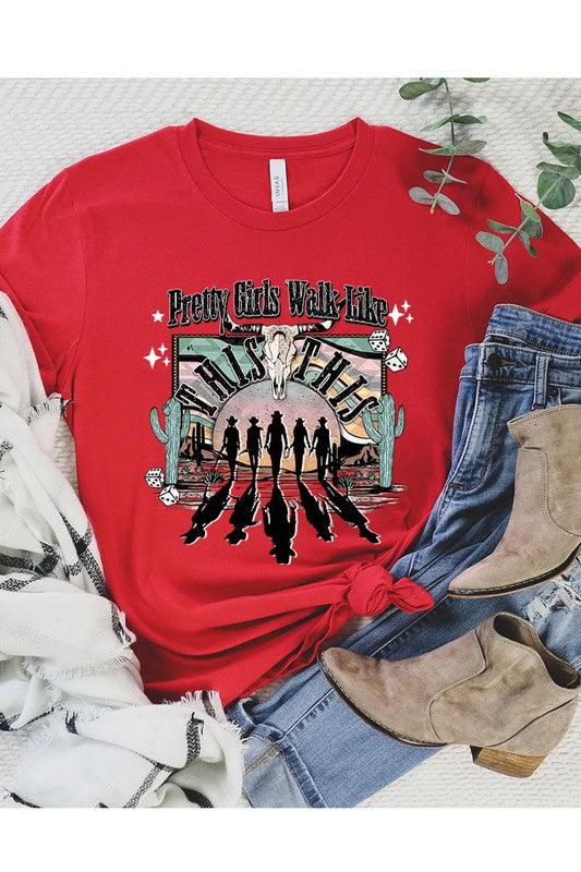 Pretty Girls Walk: Western Graphic Tee - Three Mad Hatters Mercantile 