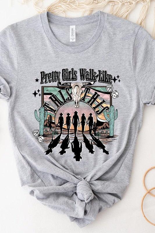 Pretty Girls Walk: Western Graphic Tee - Three Mad Hatters Mercantile 