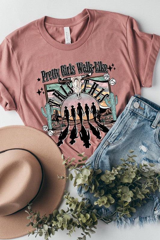 Pretty Girls Walk: Western Graphic Tee - Three Mad Hatters Mercantile 