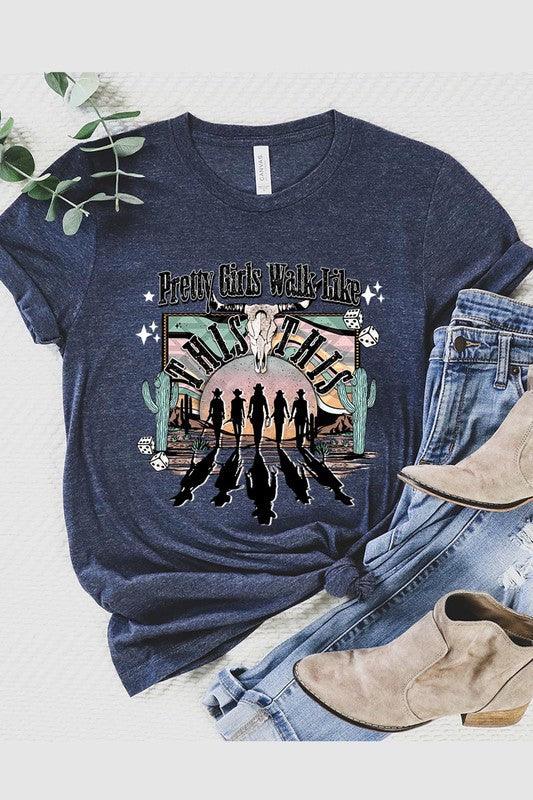 Pretty Girls Walk: Western Graphic Tee - Three Mad Hatters Mercantile 