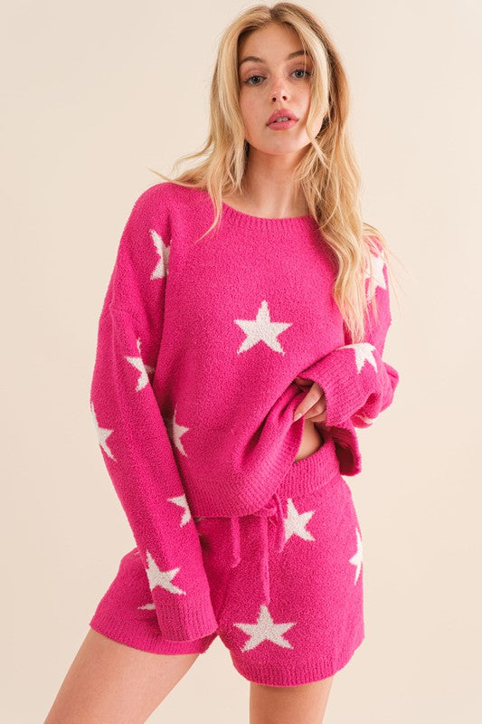 Soft Long Sleeve Star Print Top and Short Set Womens Loungewear Hot Pink S 