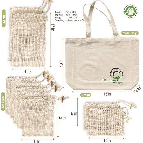Reusable Organic Cotton Tote Mesh Bag w/6 Sleeves - Three Mad Hatters Mercantile 