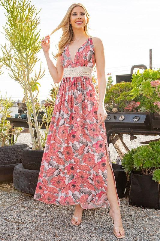 Tie Back Floral Maxi Dress - Three Mad Hatters Mercantile 