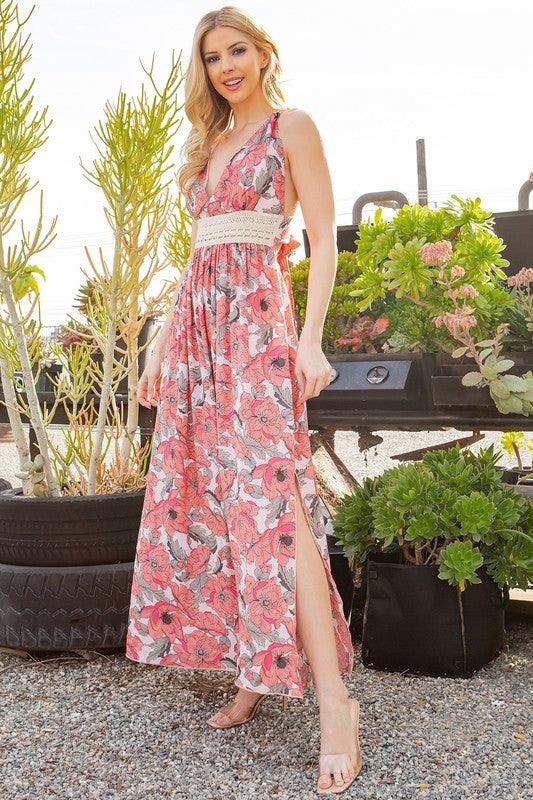 Tie Back Floral Maxi Dress - Three Mad Hatters Mercantile 