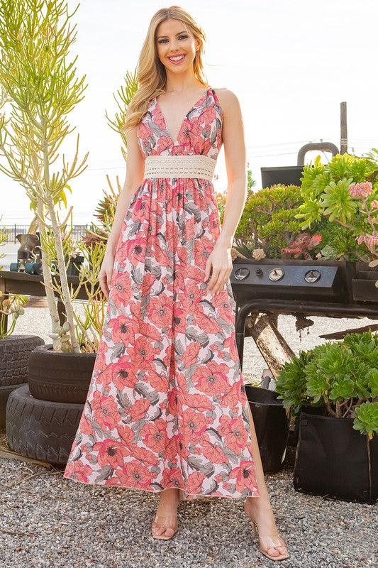 Tie Back Floral Maxi Dress - Three Mad Hatters Mercantile 