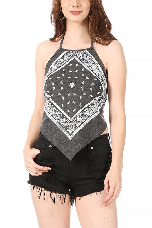 Paisley print bandana halter top Bandana Top Heather Gray S 