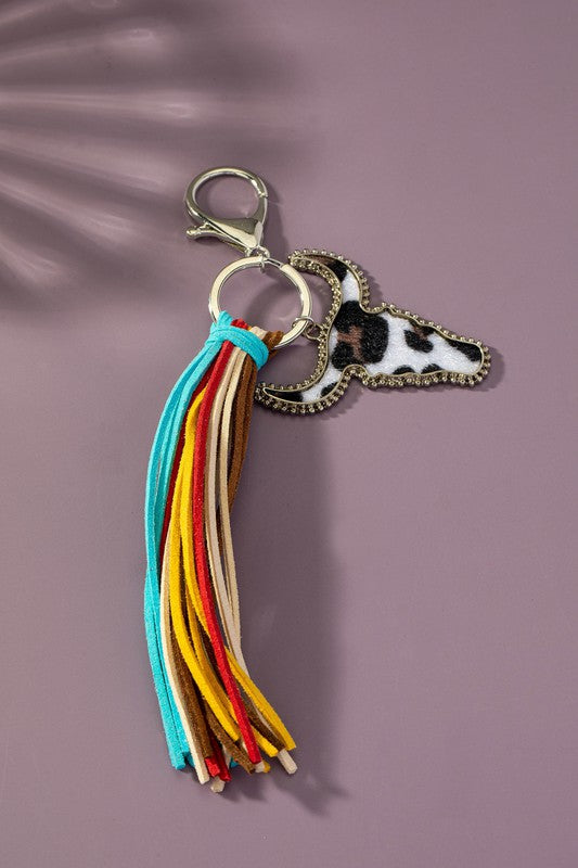 Animal Print Cow Head Leather Tassel Keychain Leather Keychain Cow one size 