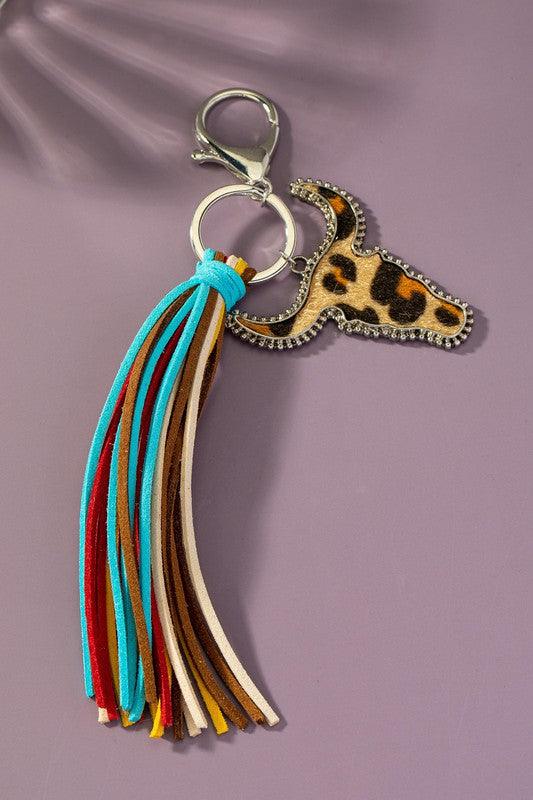 Animal Print Cow Head Leather Tassel Keychain - Three Mad Hatters Mercantile 