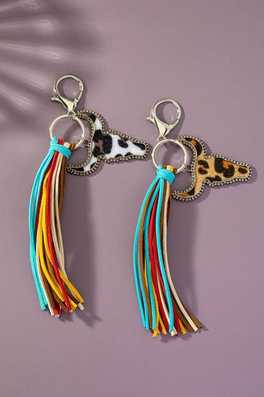 Animal Print Cow Head Leather Tassel Keychain - Three Mad Hatters Mercantile 