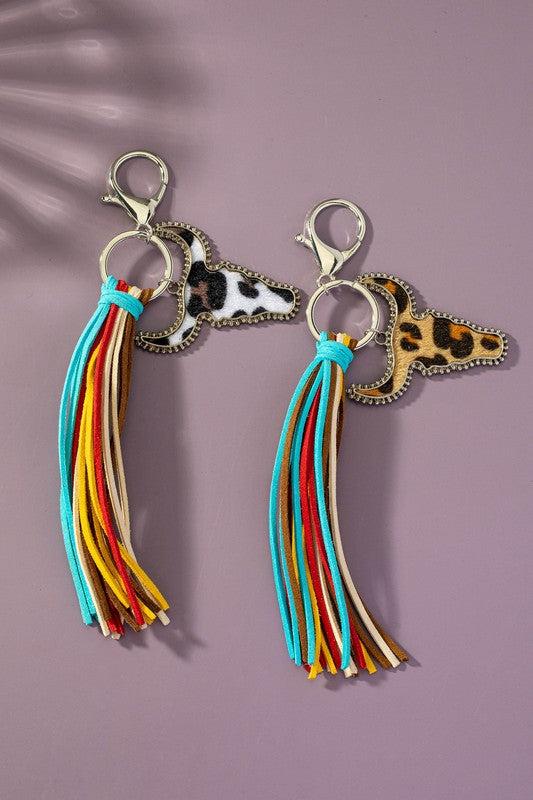 Animal Print Cow Head Leather Tassel Keychain Leather Keychain   