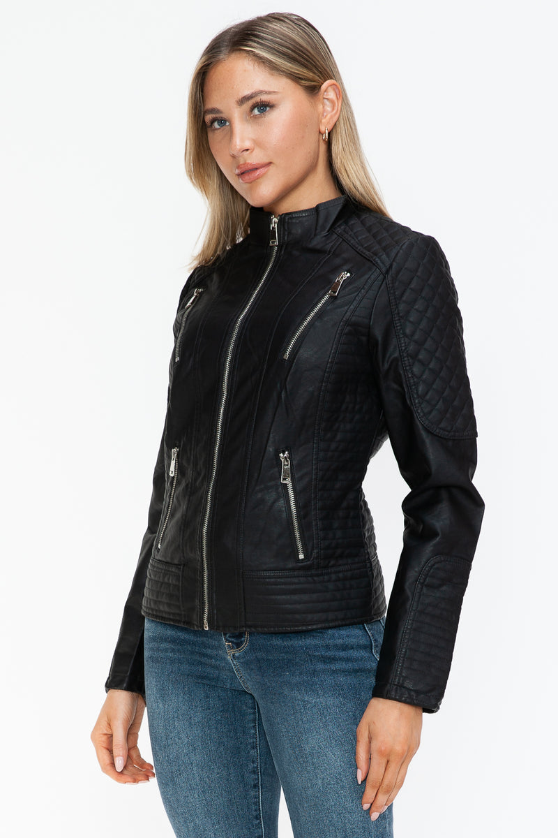 Snobbish Faux Leather Zip Up Mock Neck Jacket Womens Jacket