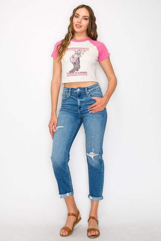 PLUS SIZE / HIGH RISE TAPERED LEG Cropped Jeans   