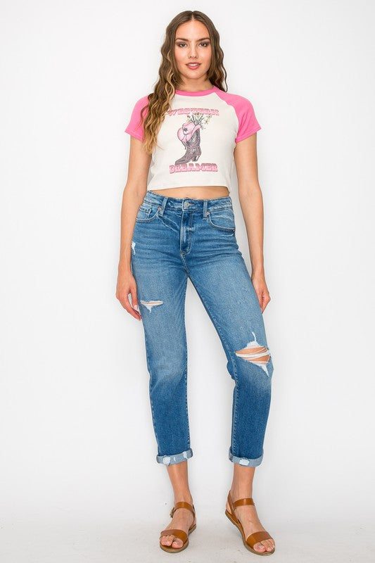 PLUS SIZE / HIGH RISE TAPERED LEG Cropped Jeans   