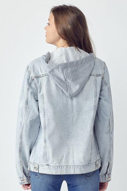 RISEN Distressed Drawstring Hooded Denim Jacket Womens Jacket