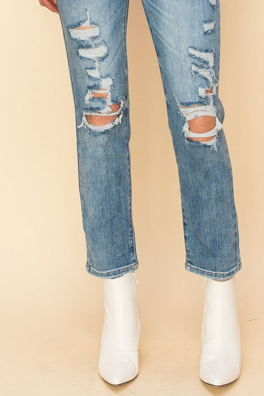 HIGH RISE STRETCH DISTRESSED MOM JEANS Mom Jeans   