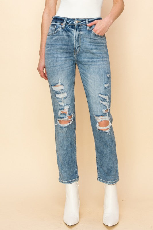 HIGH RISE STRETCH DISTRESSED MOM JEANS Mom Jeans   