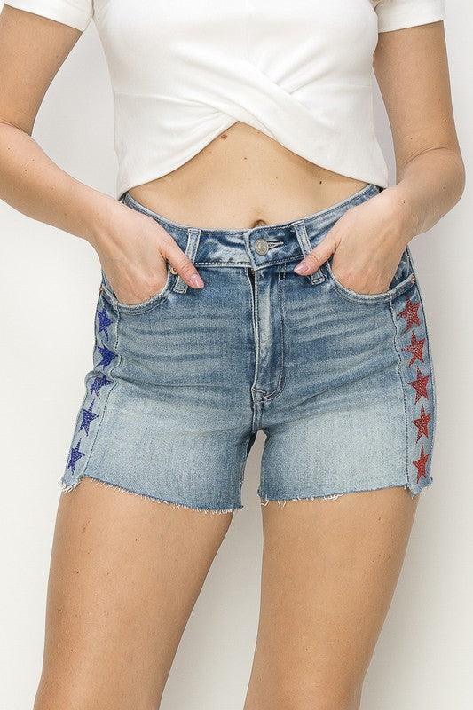 Shine Bright Star Rhinestone High-Rise Shorts - Three Mad Hatters Mercantile 