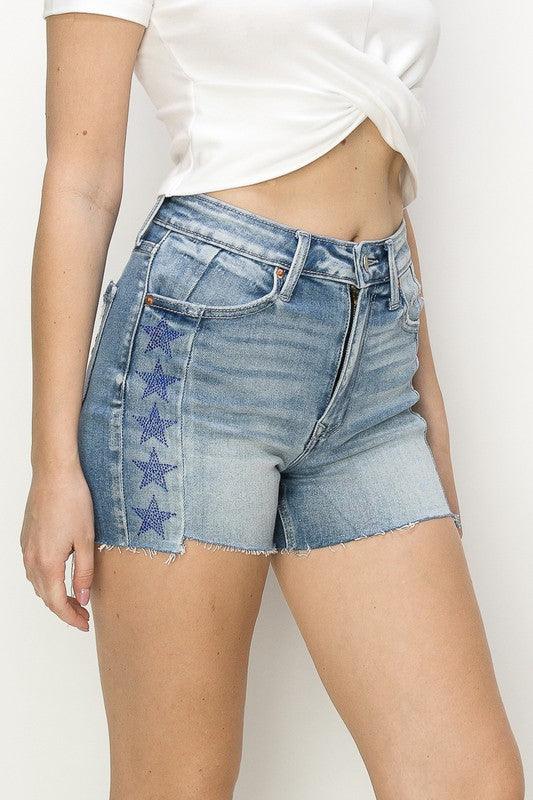 Shine Bright Star Rhinestone High-Rise Shorts - Three Mad Hatters Mercantile 