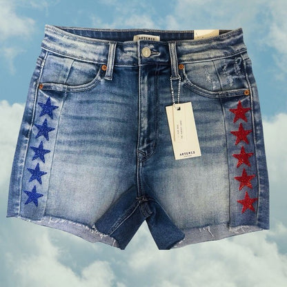 Star Rhinestone High Rise Shorts Denim Shorts LIGHT STONE WASH S 