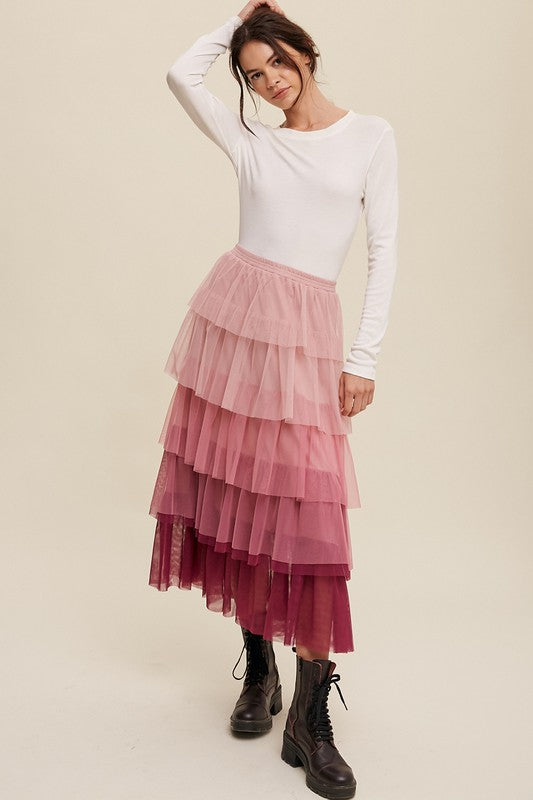 Gradient Style Tiered Mesh Maxi Skirt Maxi Skirt   