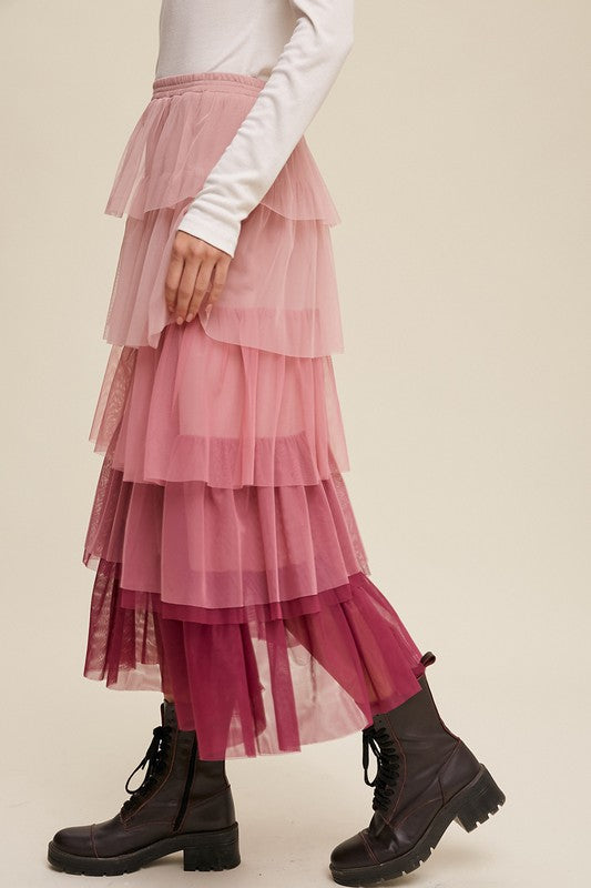 Gradient Style Tiered Mesh Maxi Skirt Maxi Skirt   