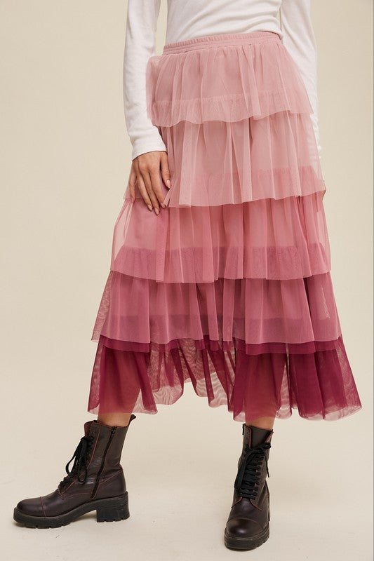 Gradient Style Tiered Mesh Maxi Skirt Maxi Skirt   