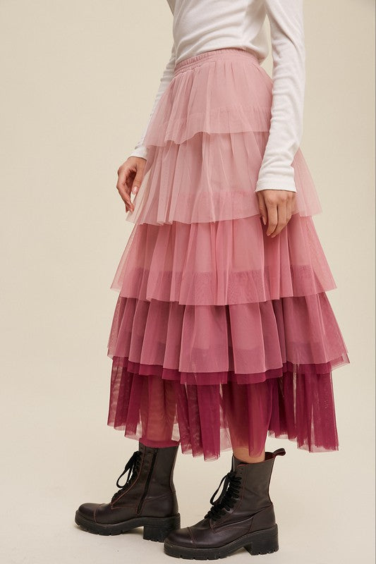 Gradient Style Tiered Mesh Maxi Skirt Maxi Skirt   