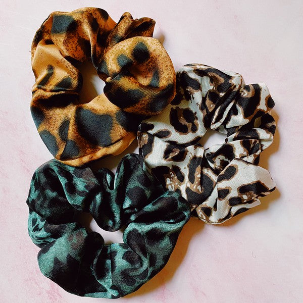 Leopard Satin Scrunch Set Of 3 Scrunchy   