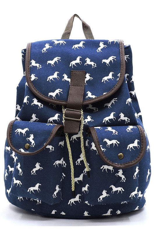 Horse Printed Canvas Backpack Back Pack NAVY one 