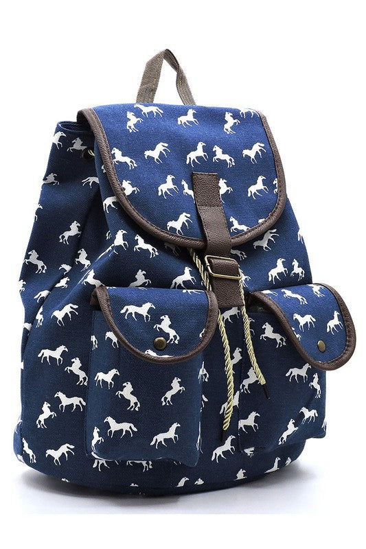 Horse Printed Canvas Backpack Back Pack   