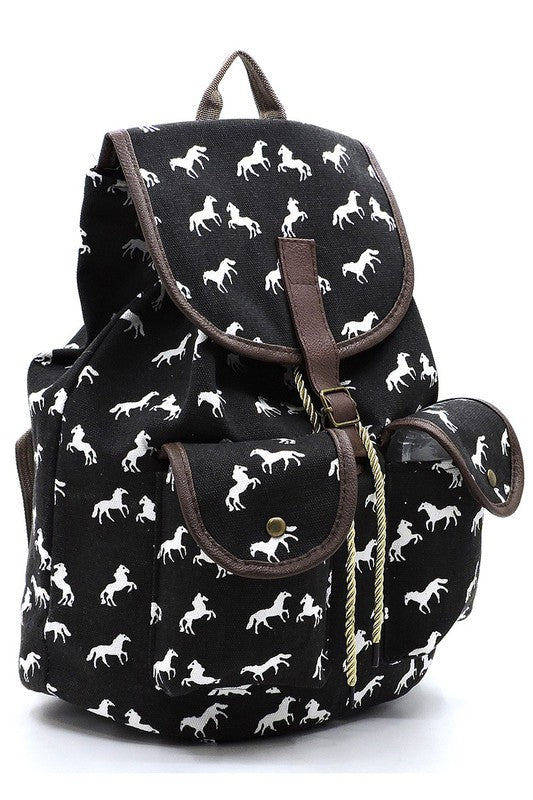 Horse Printed Canvas Backpack Back Pack   