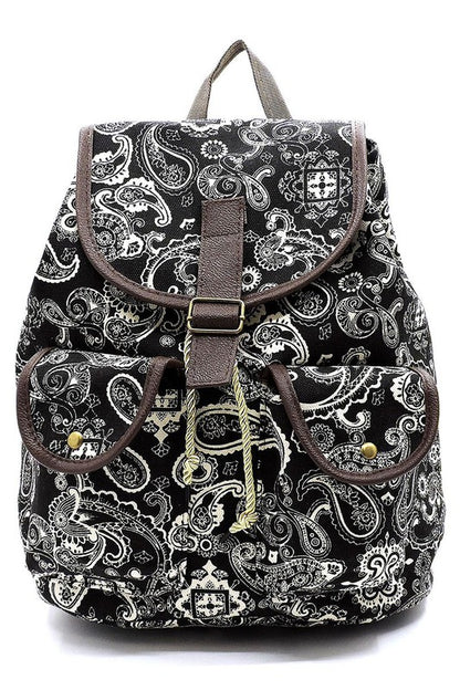 Paisley Printed Canvas Backpack Backpack BLACK one 