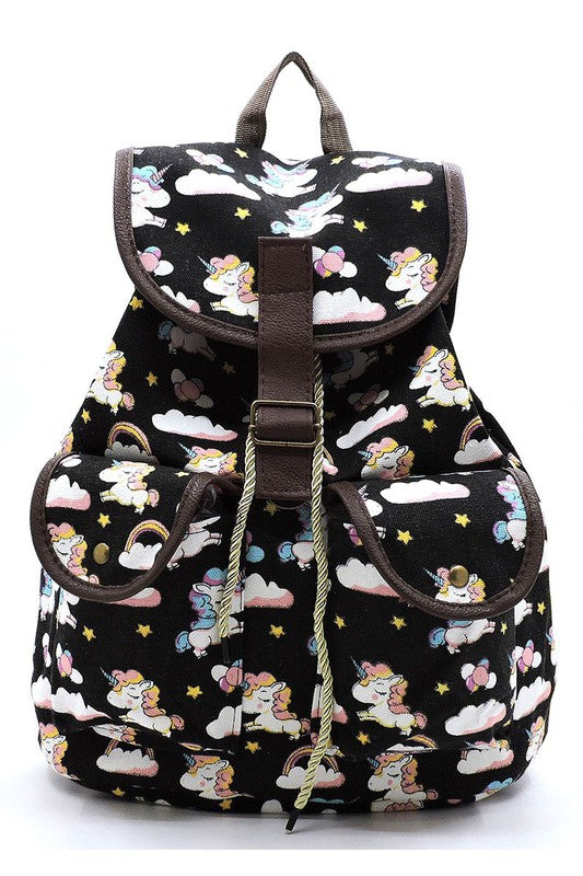 Unicorn Printed Canvas Backpack Backpack BLACK one 