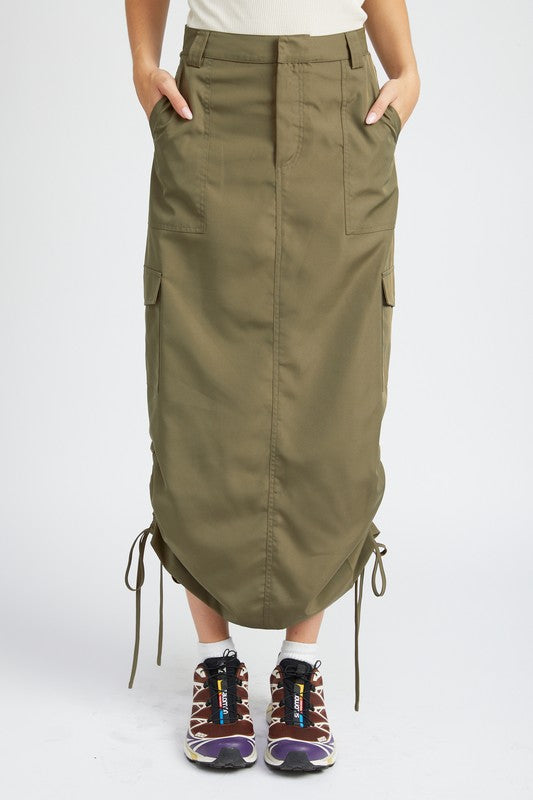 RUCHED MIDI CARGO SKIRT Maxi Skirt OLIVE S 