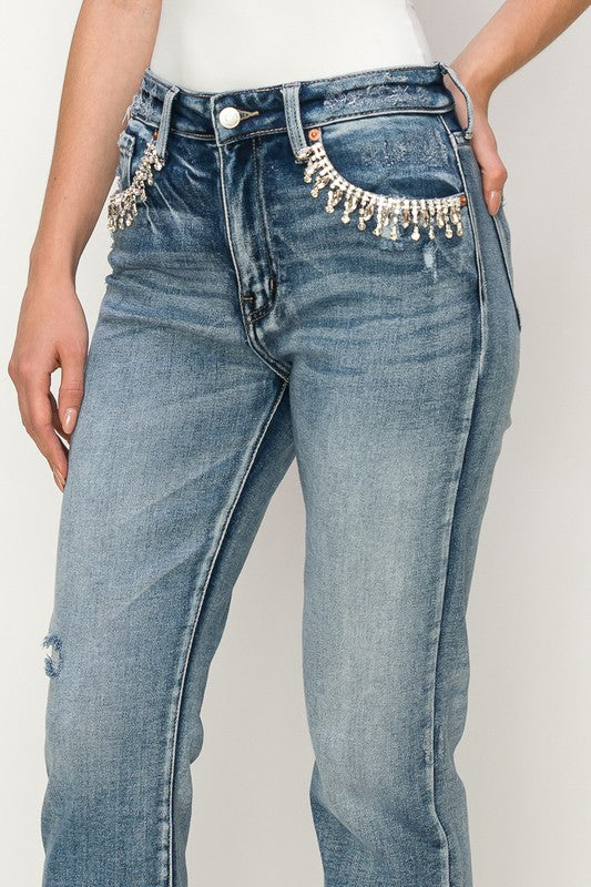 HIGH RISE CRYSTAL EMBELLISHED CROP STRAIGHT JEANS Straight Leg Jean   