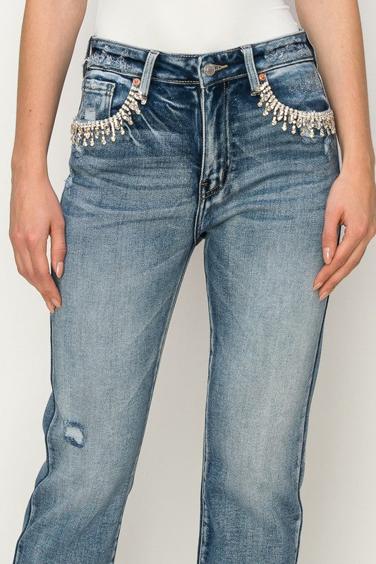 HIGH RISE CRYSTAL EMBELLISHED CROP STRAIGHT JEANS Straight Leg Jean   