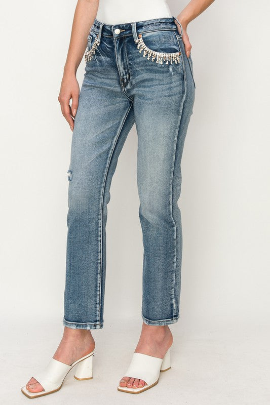 HIGH RISE CRYSTAL EMBELLISHED CROP STRAIGHT JEANS Straight Leg Jean   