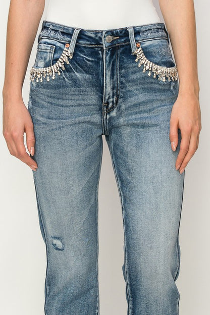 HIGH RISE CRYSTAL EMBELLISHED CROP STRAIGHT JEANS Straight Leg Jean MEDIUM STONE WASH 3 