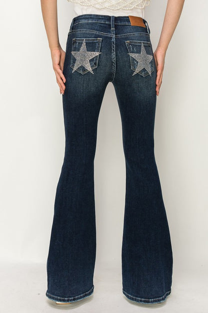 MID RISE FLARE STAR RHINESTONE ON POCKETS JEANS Flare Leg Jeans DARK STONE WASH 3 