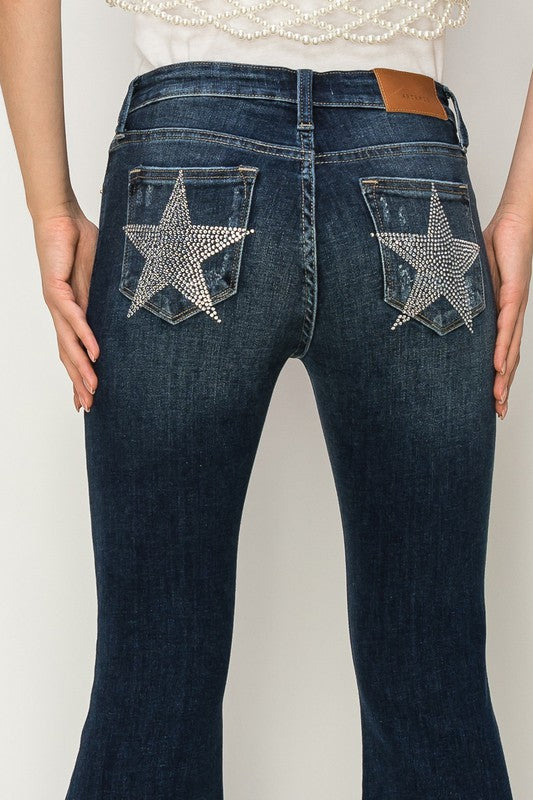 MID RISE FLARE STAR RHINESTONE ON POCKETS JEANS Flare Leg Jeans   