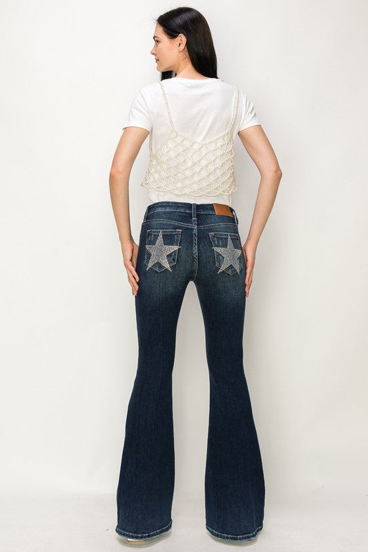 MID RISE FLARE STAR RHINESTONE ON POCKETS JEANS Flare Leg Jeans   