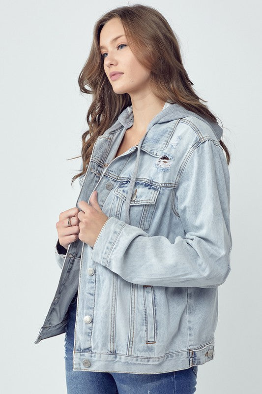 RISEN Distressed Drawstring Hooded Denim Jacket Womens Jacket