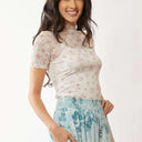 Davi & Dani Floral Mesh Mock Neck Short Sleeve Top